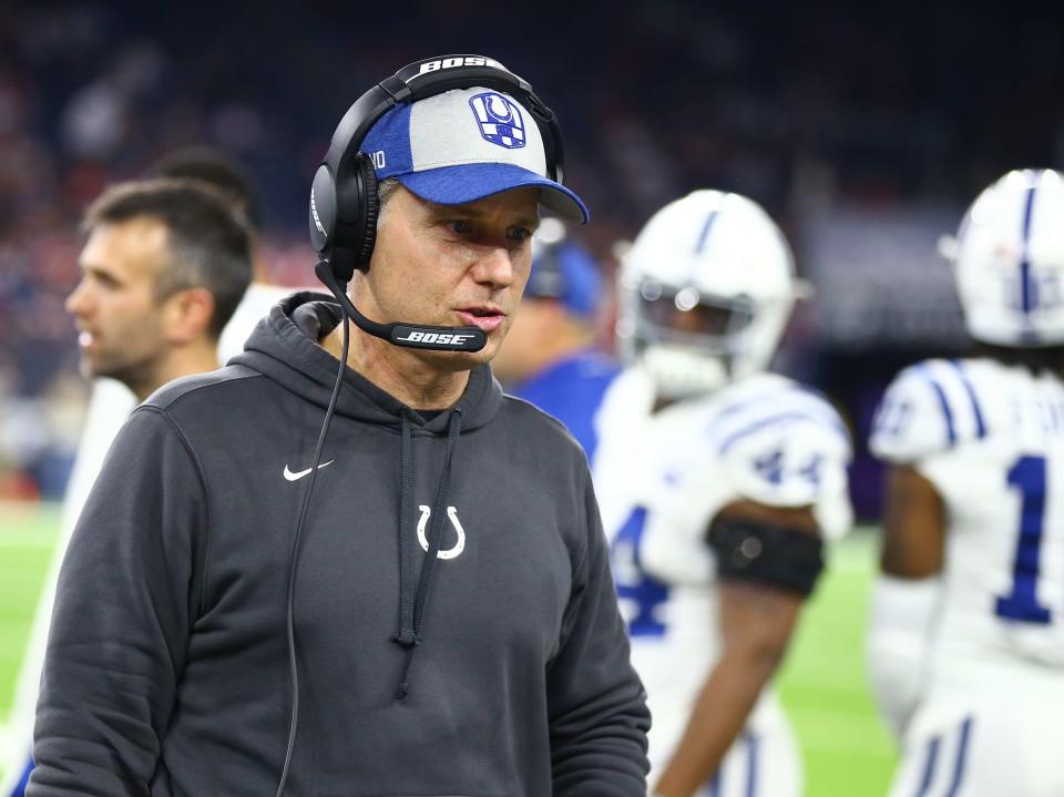 Indianapolis Colts defensive coordinator Matt Eberflus is shown here against the Houston Texans during the AFC Wild Card in 2019. Eberflus is reportedly going to be hired as the next head coach for the Chicago Bears. Mark J. Rebilas-USA TODAY Sports