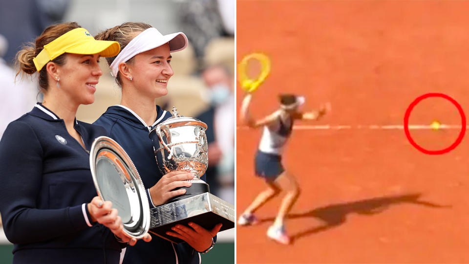 The image on the right shows just how close the decisive final call was in the women's French Open final.