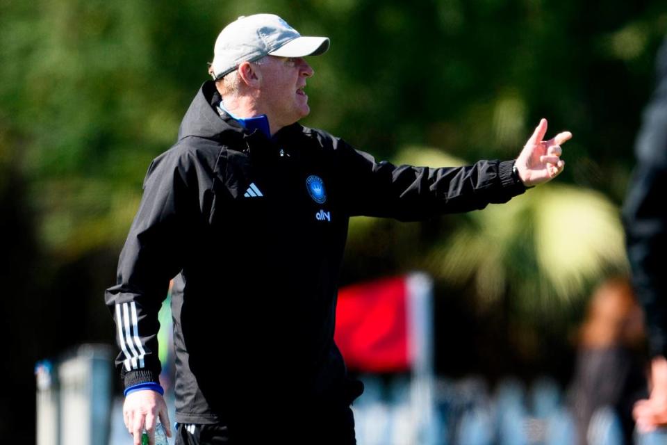 Charlotte FC head coach Dean Smith yells to his team against the San Jose Earthquake in early February.