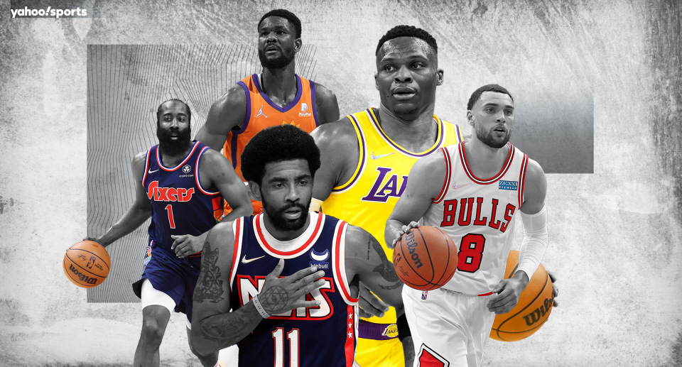 Die Free Agency-Periode der NBA beginnt am Donnerstag um 18:00 Uhr ET.  Einige der großen Namen, im Uhrzeigersinn von links, James Harden, Deandre Ayton, Russell Westbrook, Zach LaVine und Kyrie Irving.  (Grafik von Moe Haidar/Yahoo Sports)