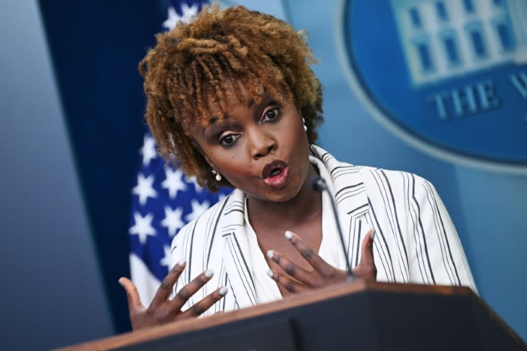 White House Press Secretary Karine Jean-Pierre speaks during the daily briefing in the Brady Briefing Room of the White House in Washington, DC, on April 29, 2024. (Mandel NGAN)