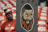 FILE - A fan holds a sign in support of Houston Rockets guard James Harden before Game 1 of the NBA basketball Western Conference Finals against the Golden State Warriors in Houston, in this Monday, May 14, 2018, file photo. It's a sad time for Houston sports fans after multiple superstars have left he city in the last year. (AP Photo/David J. Phillip, File)