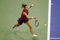 Aryna Sabalenka,of Belarus, returns a shot to Leylah Fernandez, of Canada, during the semifinals of the US Open tennis championships, Thursday, Sept. 9, 2021, in New York. (AP Photo/Frank Franklin II)