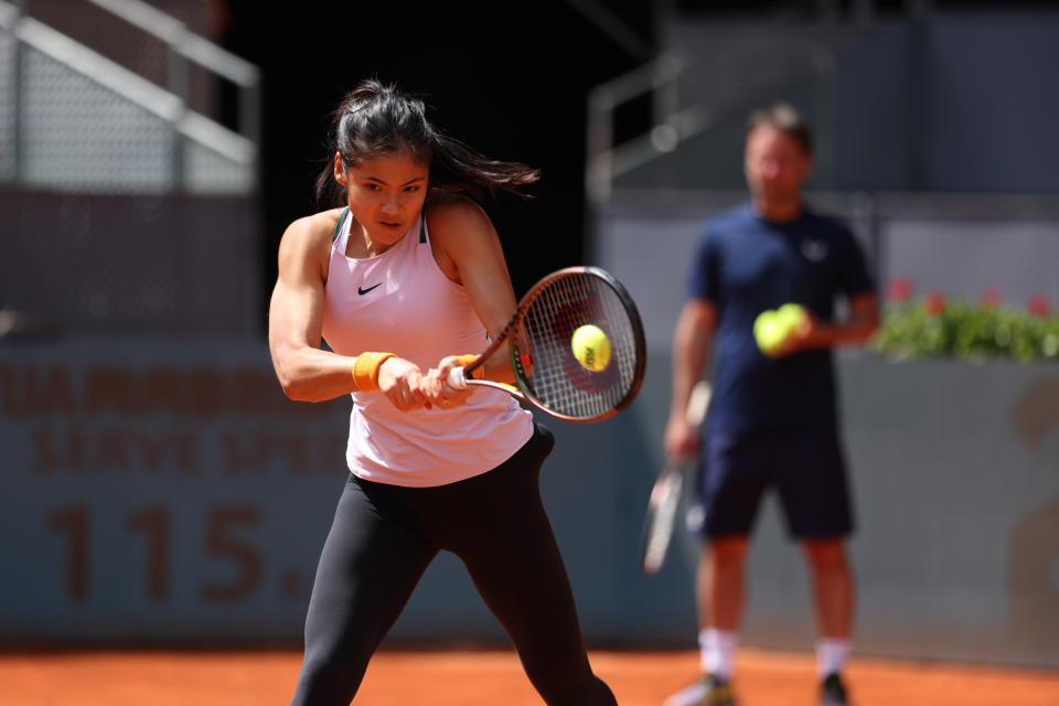 Seen here, Emma Raducanu practicing during the 2022 Mutua Madrid Open in Spain. 