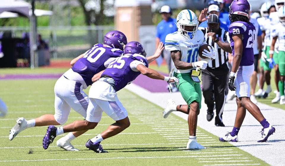 University of West Florida wide receiver Zac Offord (10) runs up the field after catching the football during the Argos' 35-3 win over McKendree University on Saturday, Sept. 9, 2023, at Leemon Field in Lebanon, Illinois.