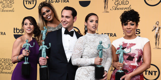 Elizabeth Rodriguez, from left, Laverne Cox, Matt McGorry, Dascha Polanco and Selenis Leyva pose in the press room with the award for outstanding ensemble in a comedy series for âOrange is the New Blackâ at the 21st annual Screen Actors Guild Awards at the Shrine Auditorium on Sunday, Jan. 25, 2015, in Los Angeles. (Photo by Jordan Strauss/Invision/AP) (Photo: )