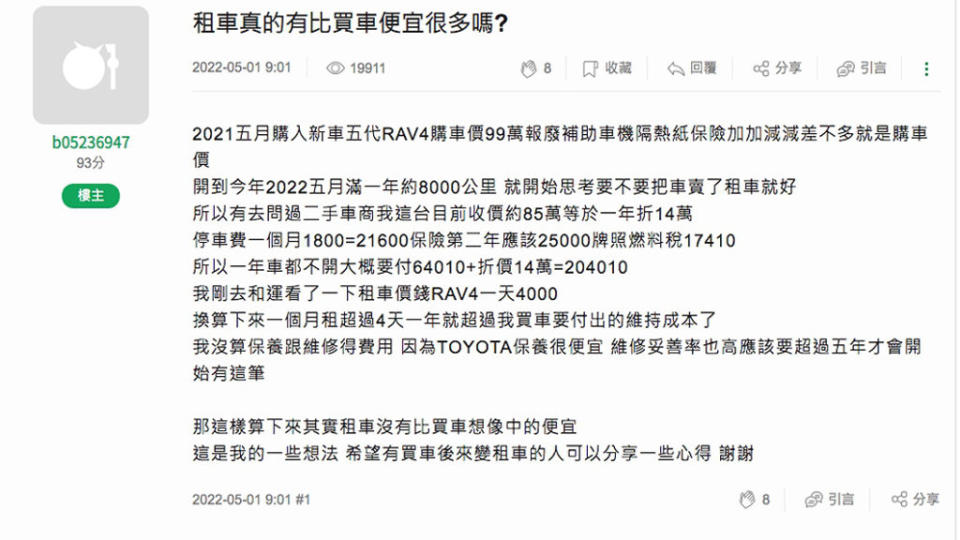 現今社會多元的移動方式，買車絕非必要選項，但租車真的有比買車便宜嗎？（圖片來源/ Mobile01）