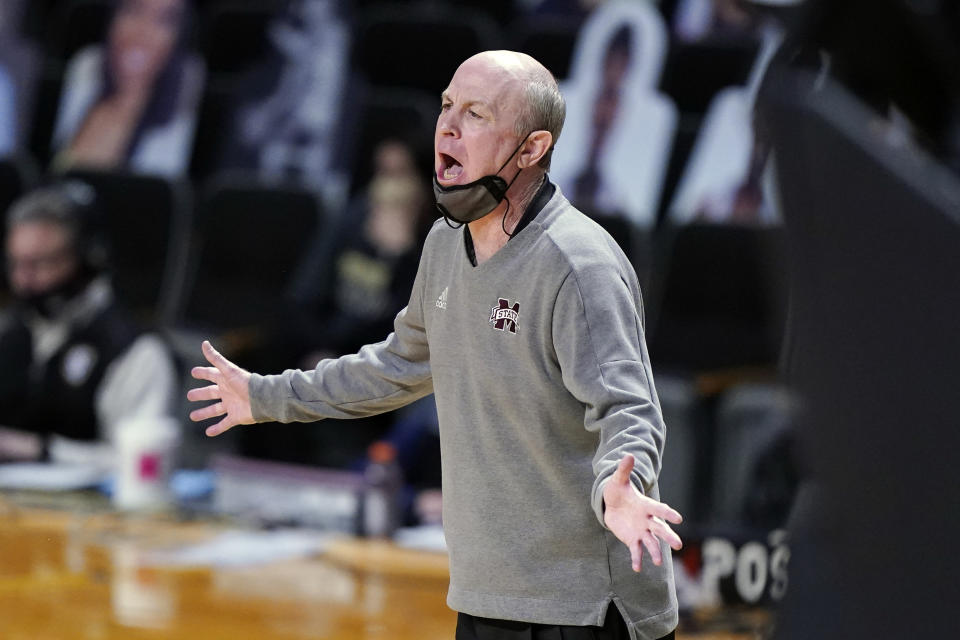 Mississippi State head coach Ben Howland yells to his players in the first half of an NCAA college basketball game against Vanderbilt Saturday, Jan. 9, 2021, in Nashville, Tenn. (AP Photo/Mark Humphrey)