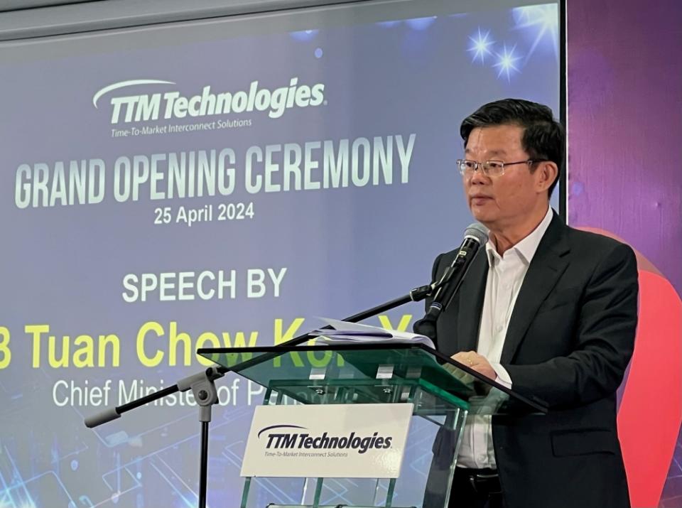 Penang Chief Minister Chow Kon Yeow says TTM Technologies’ decision to set up its plant here signifies the confidence that foreign investors have placed in the state. — Picture by Opalyn Mok