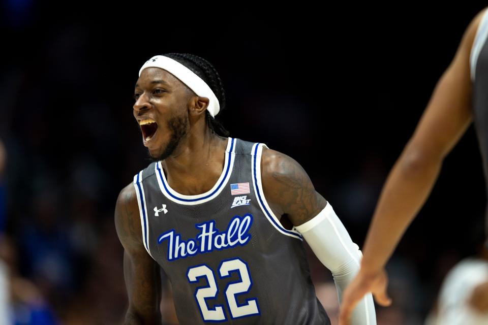 Seton Hall Pirates guard Myles Cale (22) celebrates during the second half of the NCAA men's basketball game in Cincinnati at the Cintas Center, Saturday, Feb. 26, 2022.