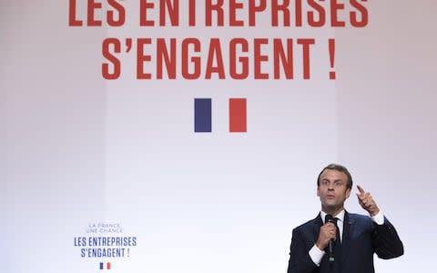 Emmanuel Macron delivers the closing speech during the 'Les Entreprises S'engagent' ('Companies are committing', or 'Companies get involved') forum held at the Elysee Palace in Paris, on July 17 - Credit: IAN LANGSDON/ AFP