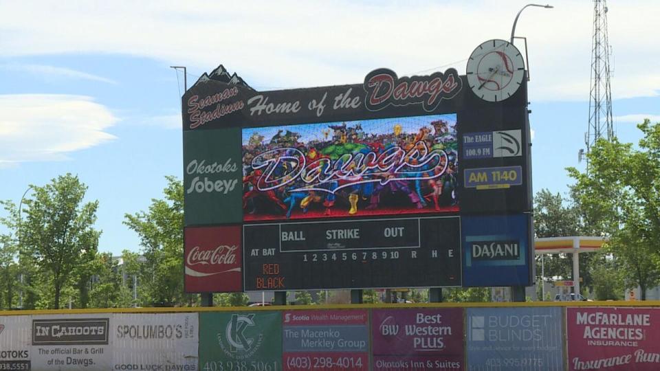 The scoreboard at Seaman Stadium, home of the Okotoks Dawgs, is seen in this file photo.
