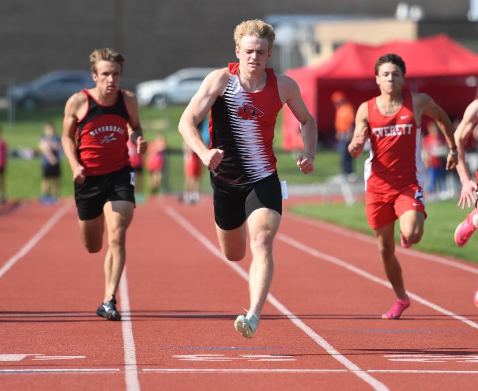 Conemaugh Township's Ethan Black wins the boys 100-meter dash with a new District 5 record time of 10.48 during the District 5 Class 2A Track and Field Championships, Wednesday, at Northern Bedford High School.