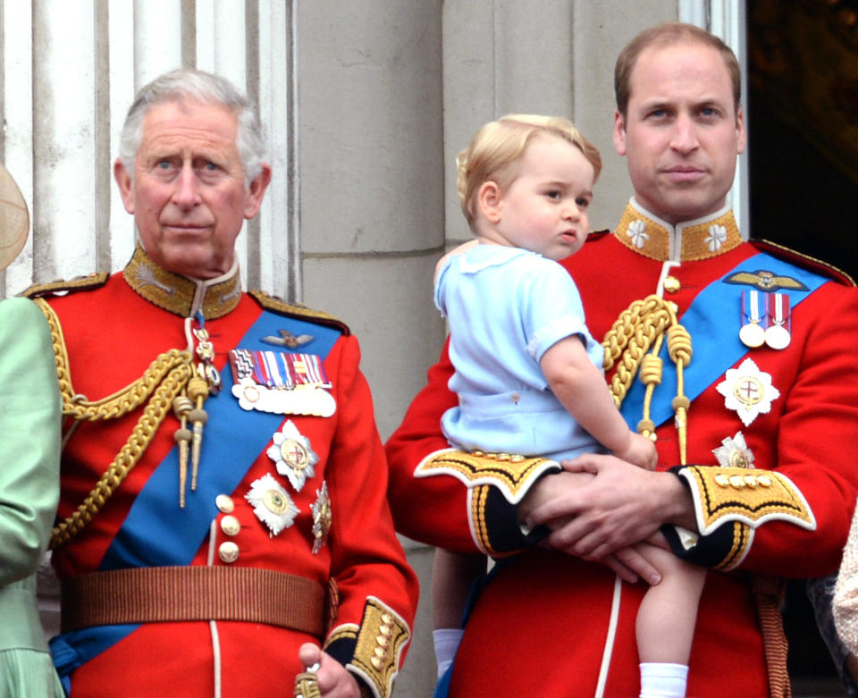 Prince Charles, Prince of Wales, Prince George and Prince William, Duke of Cambridge during the Trooping of the Colour Ceremony in London. (Photo by Zak Hussein/Corbis via Getty Images)