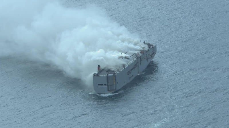 One person died after a cargo ship carrying 23 crew members and more than 3,000 vehicles caught fire off the coast of the Netherlands. Photo courtesy Netherlands Coast Guard