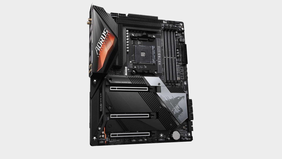 Image of the Gigabyte X570S Aorus Master AMD motherboard three quarter angle on a gray background.  view on grey.