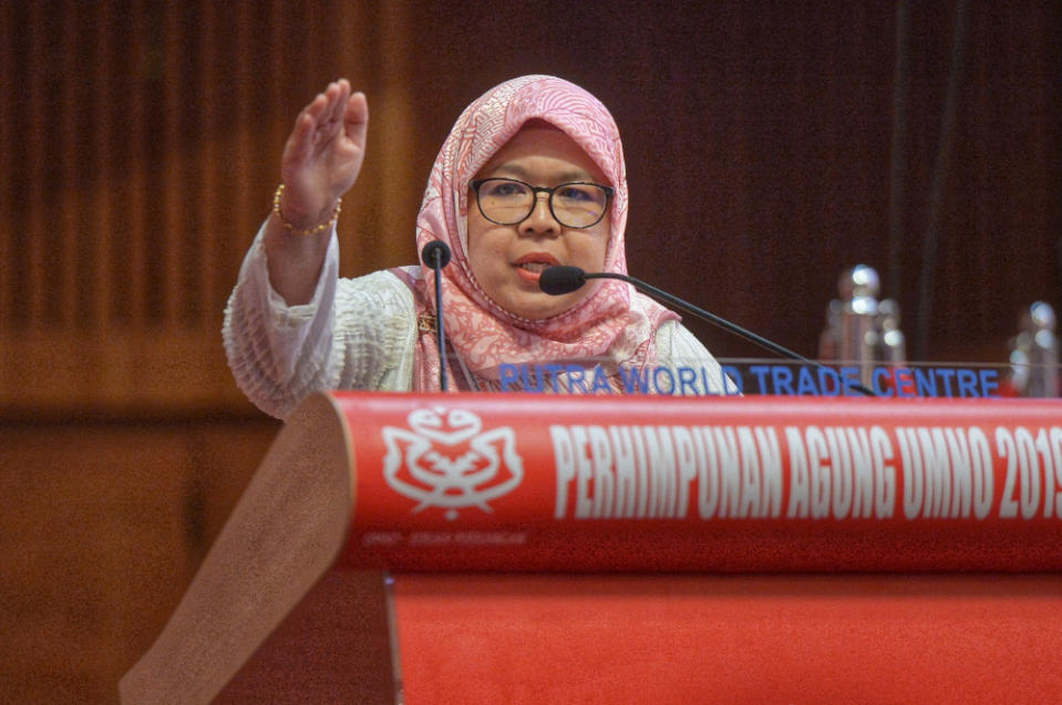 Umno Perak Bukit Gantang division Jamilah Zakaria speaks during the Umno General Assembly 2019 at PWTC in Kuala Lumpur December 7, 2019. — Picture by Shafwan Zaidon