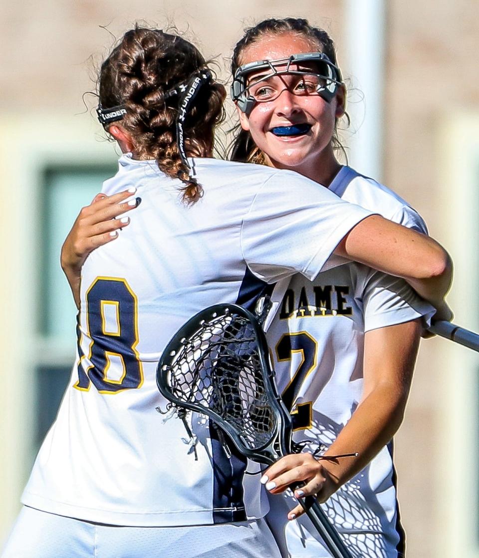 Notre Dame Academy's Nora Anderson (22) celebrates a goal with teammate Siobhan Colin during a game in the Division 2 state tournament against Melrose on Thursday, June 9, 2022.