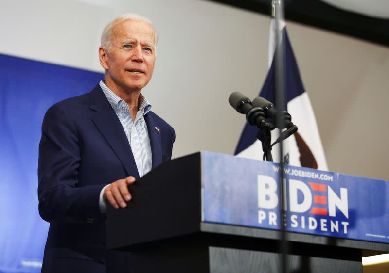 Democratic 2020 U.S. presidential candidate and former Vice President Joe Biden speeks at an event at the Mississippi Valley Fairgrounds in Davenport