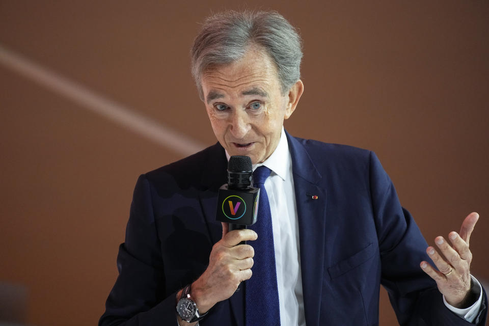 File - LVMH group CEO Bernard Arnault speaks at the Vivatech show in Paris, June 15, 2023. A recent report from anti-poverty organization Oxfam highlighted how the fortunes of the world's five richest people — Tesla CEO Elon Musk, Amazon founder Jeff Bezos, Oracle founder Larry Ellison, Arnault, and investment guru Warren Buffett — have more than doubled since 2020. (AP Photo/Michel Euler, File)