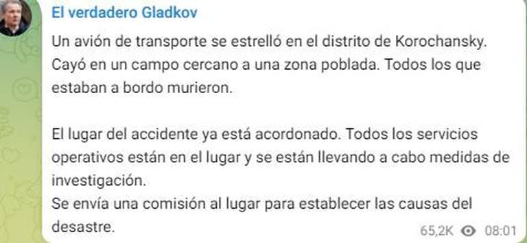 El posteo del gobernador de la zona de Bélgorod tras la caída del avión militar ruso