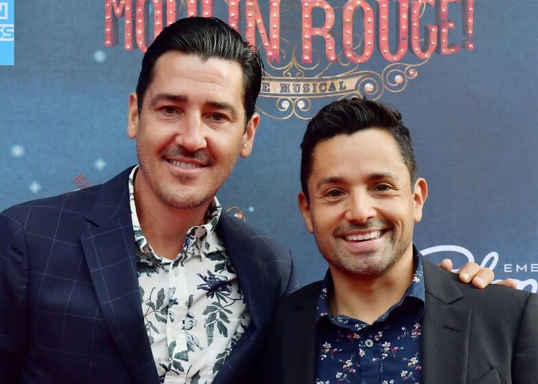 BOSTON, MA - JULY 29: Singer Jonathan Knight and Harley Rodriguez arrive at the grand re-opening of Boston's Emerson Colonial Theatre with the gala performance of "Moulin Rouge! The Musical" at Emerson Colonial Theatre on July 29, 2018 in Boston, Massachusetts. (Photo by Paul Marotta/Getty Images for Emerson Colonial Theatre)