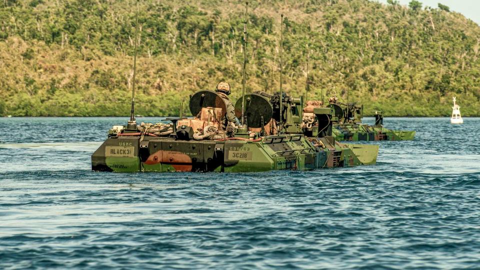 U.S. Marine Corps amphibious combat vehicles conduct open water transit at the exercise Balikatan in Palawan, Philippines, on May 4, 2024. (Lance Cpl. Peyton Kahle/U.S. Marine Corps)