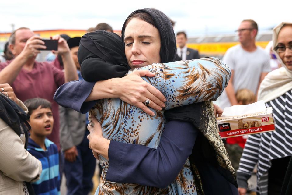 Jacinda Ardern hugs a mosque-goer at the Kilbirnie Mosque in Wellington, New Zealand (Getty Images)