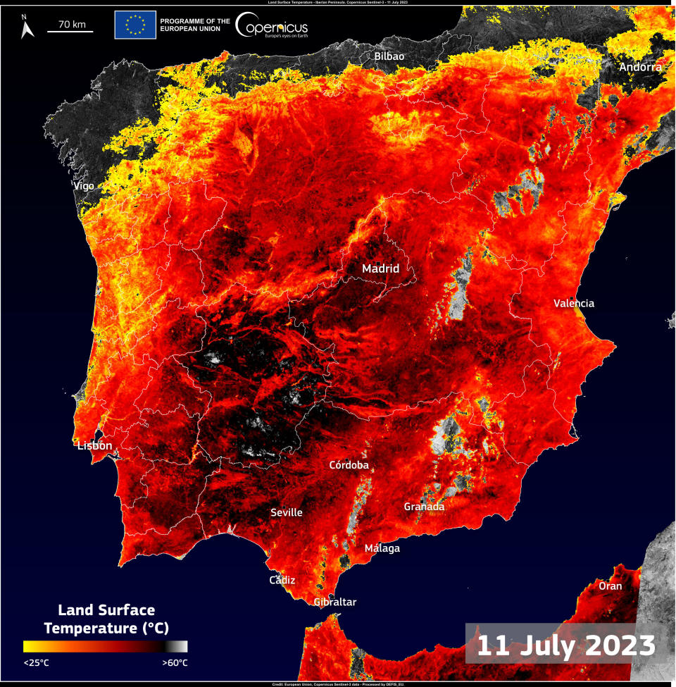 Extreme land surface temperatures were seen in Spain earlier this week, in some places surpassing 60 degrees Celsius.  / Credit: European Union, Copernicus Sentinel-3 imagery