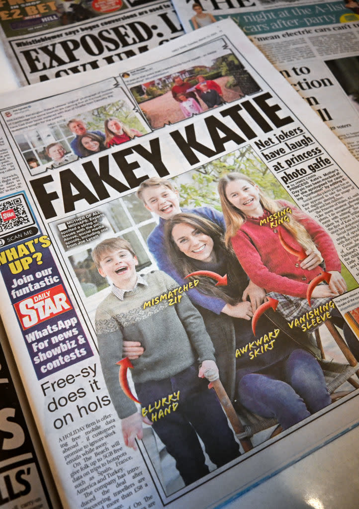 Newspaper article titled 'FAKEY KATIE' with annotated critique of a family photo
