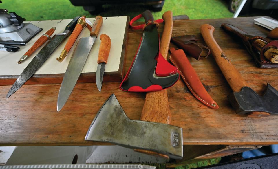 A selection of blades for sale by knife sharpener David Morrison at the Holden Farmers Market.