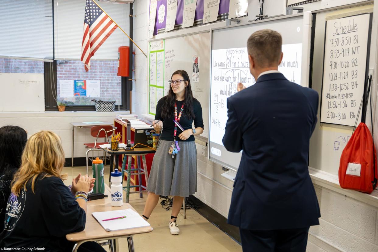 Mikayla Wright in her classroom as staff surprised her with the Beginning Teacher of the Year award.