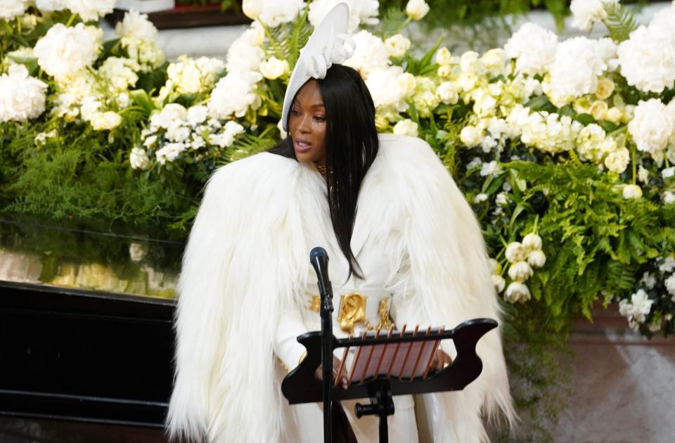 NEW YORK, NEW YORK - APRIL 29: Naomi Campbell speaks onstage at the André Leon Talley Celebration of Life at The Abyssinian Baptist Church on April 29, 2022 in New York City. (Photo by Bennett Raglin/Getty Images for the Estate of André Leon Talley)