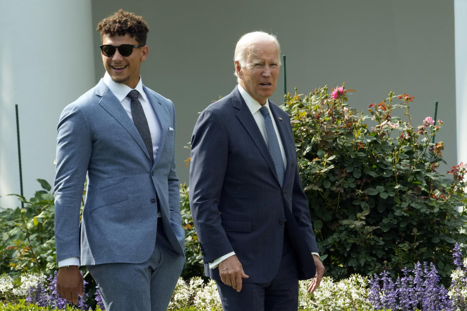 President Joe Biden walks with Kansas City Chiefs quarterback Patrick Mahomes as he welcomes the football team to the White House in Washington, Monday, June 5, 2023, to celebrate their championship season and victory in Super Bowl LVII. (AP Photo/Manuel Balce Ceneta)