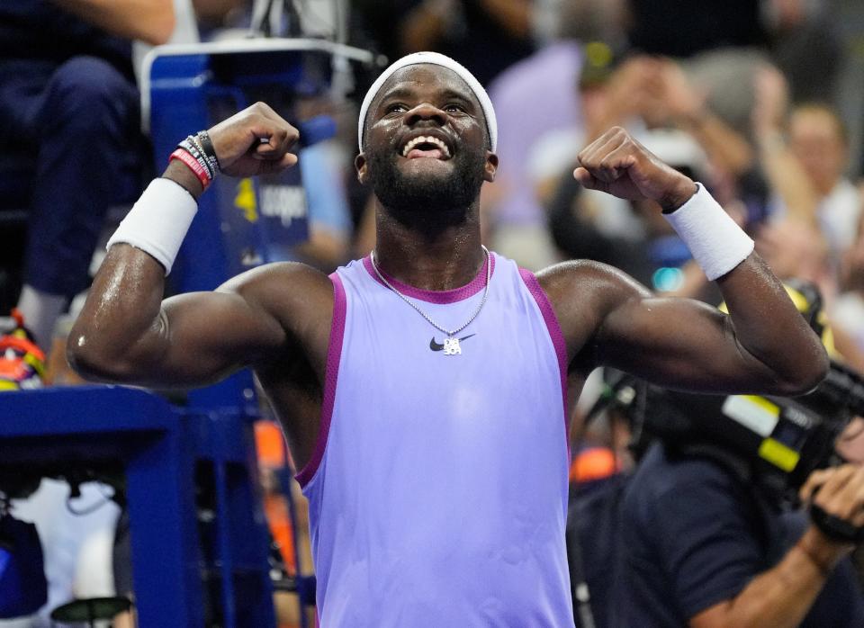 Frances Tiafoe celebrates after his U.S. Open Round of 16 win over Alexei Popyrin.