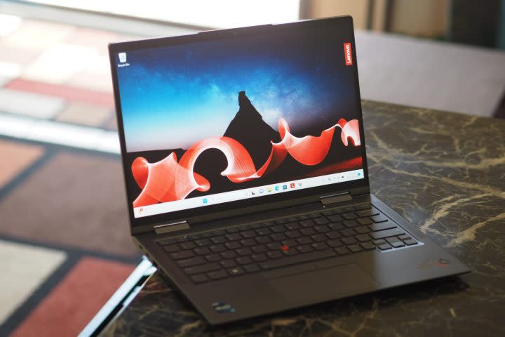 The Lenovo ThinkPad X1 Yoga Gen 8 viewed at an angle.