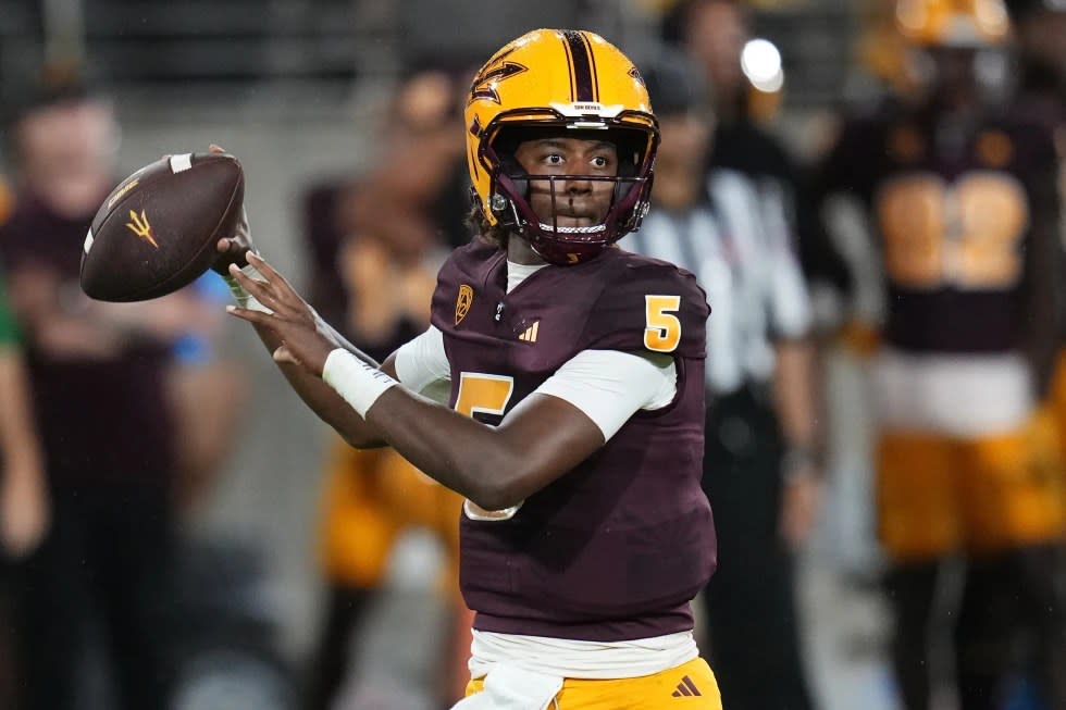 Arizona State quarterback Jaden Rashada looks for a receiver during the team’s NCAA college football game against Southern Utah on Sept. 1, 2023, in Tempe, Ariz. (AP Photo/Ross D. Franklin, File)