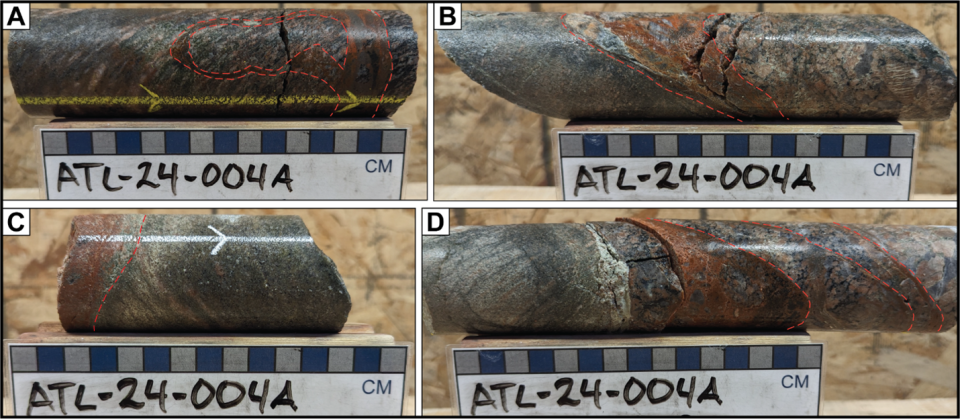 Core photos from drill hole ATL-24-004a highlighting basement structure and alteration zones intersected associated with anomalous radioactivity. A) Anomalous radioactivity up to 1,082 cps associated with a cross-cutting hematite-altered vein at 530.3 m. B) Anomalous radioactivity up to 314 cps associated with a hematite-altered breccia at 549.7 m. C) Anomalous radioactivity up to 483 cps associated with a hematite- and clay-altered vein at 544.2 m. D) Anomalous radioactivity up to 428 cps associated with a hematite-altered breccia and clay-lined fractures at 548.7 m.