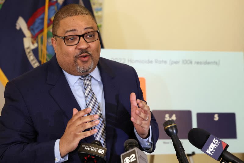 FILE PHOTO: Manhattan District Attorney Alvin Bragg speaks during a news conference at his office in New York