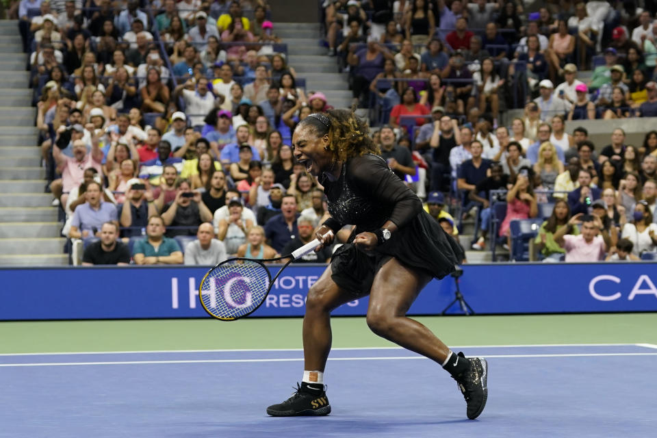 Serena Williams, of the United States, reacts during the first round of the US Open tennis championships against Danka Kovinic, of Montenegro, Monday, Aug. 29, 2022, in New York. (AP Photo/John Minchillo)