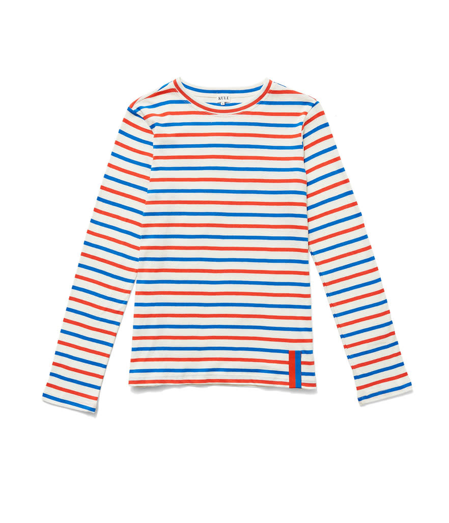 <p>The Modern Long in Cream/Royal Blue/Red, $98, <a rel="nofollow noopener" href="https://www.kule.com/collections/stripes/products/the-modern-long-cream-royal-blue-red" target="_blank" data-ylk="slk:kule.com;elm:context_link;itc:0;sec:content-canvas" class="link ">kule.com </a> </p>