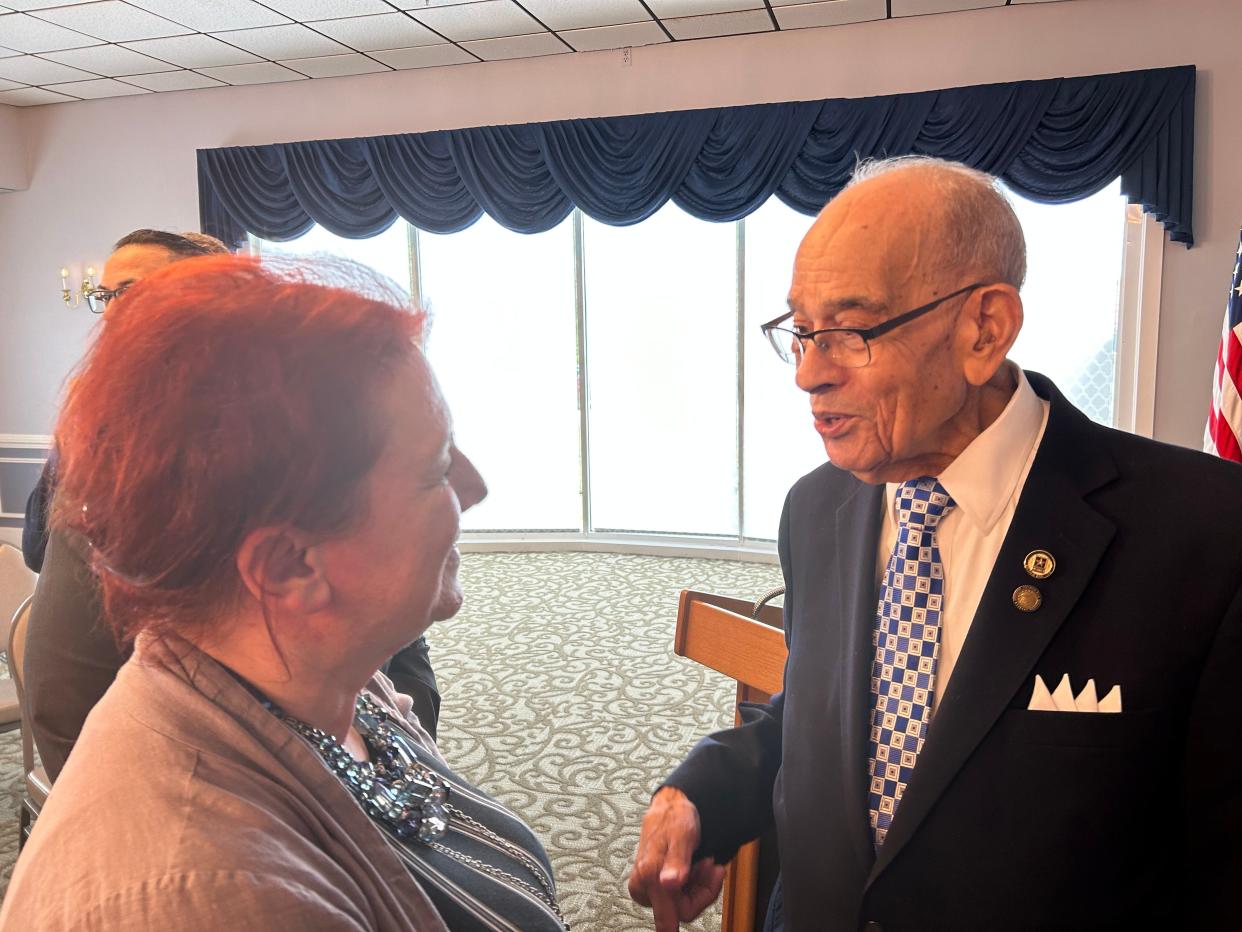 Progress-Index guest columnist Michelle Murrills chats with retired Lt. Gen. Arthur Gregg following a news conference Thursday, April 27, 2023 at the newly designated Fort Gregg-Adams. The new name of the old Fort Lee honors Gregg and the late Lt. Col. Charity Adams, who Army officials called 'two trailblazers' advancing minorities in the armed services.