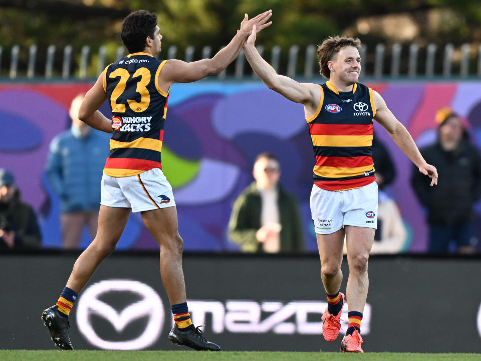 HOBART, AUSTRALIA - JUNE 26: James Rowe of the Crows celebrates a goal during the round 15 AFL match between the North Melbourne Kangaroos and the Adelaide Crows at Blundstone Arena on June 26, 2022 in Hobart, Australia. (Photo by Steve Bell/Getty Images)