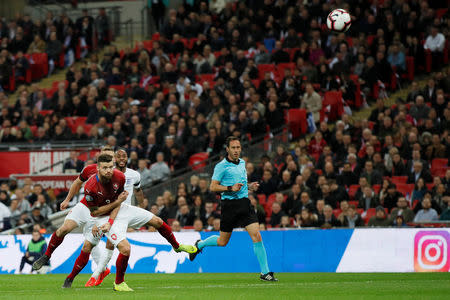 Soccer Football - Euro 2020 Qualifier - Group A - England v Czech Republic - Wembley Stadium, London, Britain - March 22, 2019 England's Raheem Sterling scores their fourth goal and completes a hat-trick REUTERS/David Klein