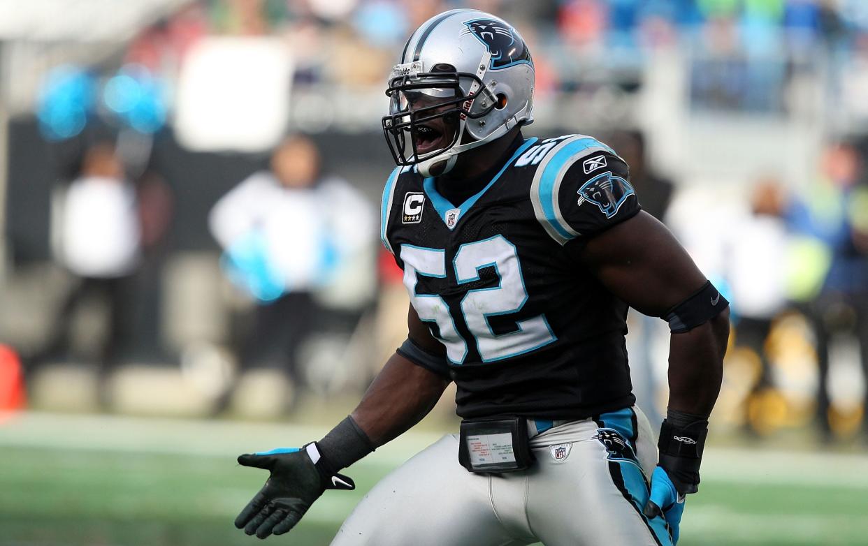 Carolina linebacker Jon Beason celebrates a tackle.