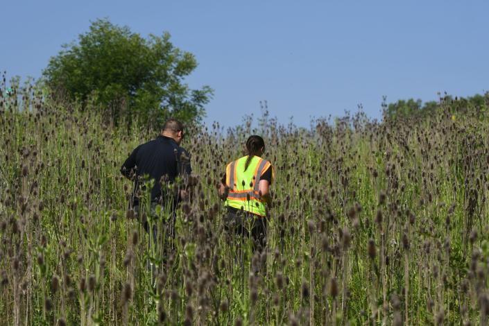 Members of the Lansing Police Dept. search an area near the I-496 and US-127 interchange Wednesday morning, July 5, 2023.