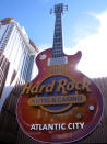 In this Jan. 16, 2020 photo, a giant electric guitar greets visitors at the entrance to the Hard Rock casino in Atlantic City N.J. On Tuesday, Oct. 26, 2021, Hard Rock's chairman Jim Allen said his company is interested in building a casino in New York, even as it maintains its plans to build one in northern New Jersey, which would be 8 miles from Manhattan. (AP Photo/Wayne Parry)