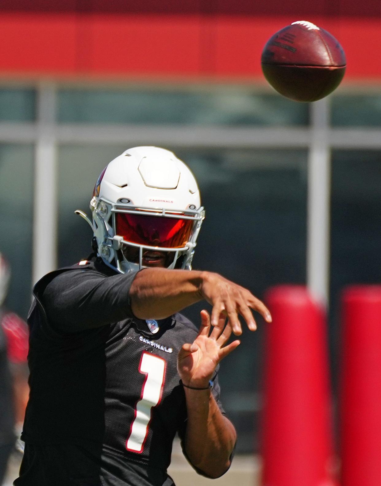 June 14, 2022; Tempe, Arizona; USA; Cardinals quarterback Kyler Murray (1) throws during camp at the Tempe Training facility.