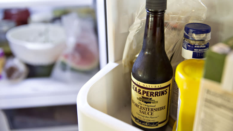 Bottle of Worcestershire Sauce in fridge