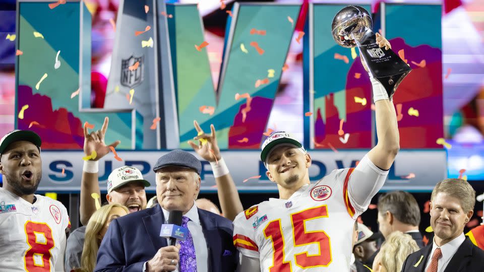 Kansas City Chiefs quarterback Patrick Mahomes (right) celebrating last year's Super Bowl win with Fox host Terry Bradshaw. - Mark J. Rebilas/USA TODAY Sports/Reuters